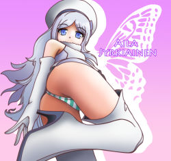Rule 34 | 10s, 1girl, aila jyrkiainen, ass, bare shoulders, blue eyes, boots, character name, elbow gloves, from below, gloves, gundam, gundam build fighters, hat, high heel boots, high heels, long hair, looking at viewer, looking down, maqubee, panties, pantyshot, silver hair, skirt, striped clothes, striped panties, thigh boots, thighhighs, thong, underwear, upskirt