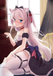 Rule 34 | 1girl, absurdres, animal ears, azur lane, backlighting, bada (jksh5056), bare shoulders, black bow, black dress, blue bow, blue eyes, blurry, blurry background, blush, bow, cat ears, cat girl, cat hair ornament, choker, closed mouth, collarbone, commentary request, day, depth of field, detached sleeves, dress, frilled dress, frills, garter straps, hair bow, hair ornament, hair ribbon, hammann (azur lane), hand up, highres, indoors, long hair, looking at viewer, nose blush, one side up, puffy short sleeves, puffy sleeves, red bow, red choker, red ribbon, ribbon, short sleeves, silver hair, solo, strapless, strapless dress, sunlight, tears, thighhighs, very long hair, white thighhighs, window, wrist cuffs