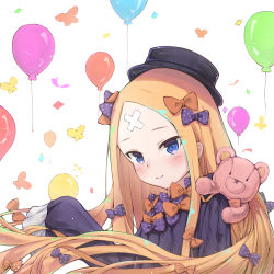 Rule 34 | 1girl, abigail williams (fate), balloon, black bow, black dress, black hat, blonde hair, blue eyes, blush, bow, bug, butterfly, closed mouth, commentary request, crossed bandaids, dress, fate/grand order, fate (series), hair bow, hat, head tilt, highres, insect, long hair, long sleeves, orange bow, parted bangs, polka dot, polka dot bow, simple background, sleeves past fingers, sleeves past wrists, smile, solo, stuffed animal, stuffed toy, teddy bear, upper body, very long hair, wang man, white background