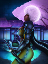 abs afro armor ass breasts dark_skin gauntlets highres hip_focus ivan_khudoy katana looking_at_viewer muscular muscular_female no_more_heroes pixel_art red_eyes scarf sheath sheathed shinobu_jacobs shoulder_armor sideboob solo standing sword weapon white_hair