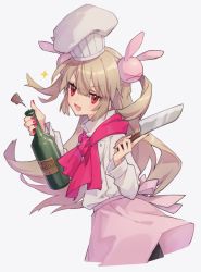 Rule 34 | 1girl, alternate costume, apron, blouse, bottle, chef, chef hat, cowboy shot, fang, hair between eyes, hair ornament, hat, holding, holding bottle, holding knife, knife, light brown hair, long hair, looking at viewer, natori sana, pink apron, pink scarf, rabbit hair ornament, red eyes, sana channel, scarf, shirt, simple background, solo, sparkle, two side up, v-shaped eyebrows, very long hair, virtual youtuber, white background, white hat, white shirt, zumi tiri