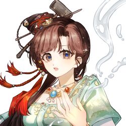 Rule 34 | 1girl, banbi ruqun, beads, blue eyes, bracelet, brown hair, chinese clothes, dress, gem, green dress, hair ornament, hair stick, hand up, hanfu, highres, jewelry, jiu niangzi, long hair, looking at viewer, necklace, open mouth, reverse:1999, shiyu jingzhe, short sleeves, simple background, solo, tassel, upper body, water, white background