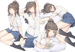 Rule 34 | 1girl, ;o, arms behind head, arms up, black hair, black legwear, blue skirt, book, breast pocket, buttons, cheek rest, closed mouth, collarbone, collared shirt, commentary request, dress shirt, closed eyes, fangxiang cuoluan, hair bun, long hair, looking at viewer, lying, messy hair, miniskirt, multiple views, no shoes, on side, one eye closed, open book, open mouth, original, partially unbuttoned, pillow, pleated skirt, pocket, ponytail, reading, school uniform, shirt, short sleeves, sidelocks, simple background, single hair bun, sitting, skirt, sleeping, socks, wariza, white background, white shirt, yellow eyes