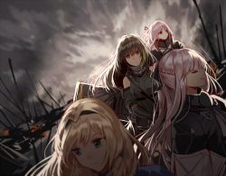 Rule 34 | 4girls, ak-12 (girls&#039; frontline), an-94 (girls&#039; frontline), arm guards, armband, assault rifle, bad id, bad twitter id, blonde hair, blue eyes, blurry, blurry background, blurry foreground, braid, breasts, brown eyes, brown hair, cloak, closed eyes, closed mouth, clothes around waist, cloud, cloudy sky, coat, defy (girls&#039; frontline), detached sleeves, french braid, girls&#039; frontline, gloves, gun, hair between eyes, hair ornament, hairband, headphones, holding, holding weapon, jacket, jacket around waist, long hair, long sleeves, looking at viewer, looking away, m4a1 (girls&#039; frontline), m4a1 (mod3) (girls&#039; frontline), medium breasts, mod3 (girls&#039; frontline), multicolored hair, multiple girls, pink hair, ponytail, ribbed sweater, ribbon, rifle, scarf, scenery, sidelocks, silence girl, silver hair, sky, smile, st ar-15 (girls&#039; frontline), st ar-15 (mod3) (girls&#039; frontline), streaked hair, sweater, sweater vest, tactical clothes, thighhighs, very long hair, weapon