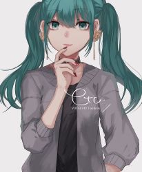 Rule 34 | 1girl, alternate hair length, alternate hairstyle, bad id, bad pixiv id, black shirt, blouse, closed mouth, commentary request, copyright name, danjou sora, finger to mouth, fingernails, grey background, hatsune miku, looking at viewer, nail polish, red nails, shirt, simple background, smile, solo, vocaloid