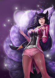 Rule 34 | 1girl, :d, ahri (league of legends), alternate costume, animal ears, belt, black hair, braid, breasts, brown pantyhose, cleavage, cosplay, energy ball, facial mark, fox ears, fox tail, girls&#039; generation, goomrrat, hand on own chest, happy, heart, highres, inari, jacket, large breasts, league of legends, pantyhose under shorts, lens flare, light particles, lipstick, long hair, long sleeves, looking at viewer, low-tied long hair, magic, makeup, multiple tails, no headwear, open clothes, open jacket, open mouth, pantyhose, popstar ahri, short shorts, shorts, single braid, slit pupils, smile, solo, standing, tail, very long hair, whisker markings, yellow eyes, zipper