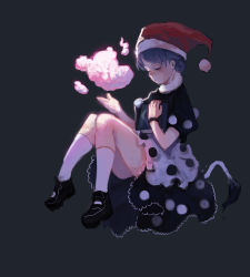 Rule 34 | 1girl, absurdres, alternate footwear, blue hair, book, bracelet, collar, dark, dark background, doremy sweet, dream soul, dress, eyebrows, eyelashes, closed eyes, floating, fluffy collar, frilled dress, frills, from side, full body, hand up, hat, heoningu, highres, holding, holding book, jewelry, knees together feet apart, nightcap, nostrils, open hand, open mouth, pom pom (clothes), short sleeves, simple background, socks, solo, tail, tapir tail, thighs, touhou