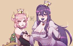Rule 34 | 2girls, armlet, bowsette, bowsette (cosplay), bracelet, breasts, cleavage, cosplay, crossover, doki doki literature club, elbow gloves, fabuwhatsoeverfox, gloves, hair between eyes, highres, jewelry, large breasts, long hair, looking at viewer, luigi&#039;s mansion, mario (series), multiple girls, natsuki (doki doki literature club), new super mario bros. u deluxe, nintendo, pink hair, pointy ears, princess king boo, princess king boo (cosplay), purple hair, short hair, simple background, size difference, small breasts, spiked armlet, spiked bracelet, spikes, super crown, tail, thick eyebrows, two side up, yuri (doki doki literature club)