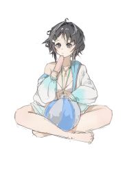 Rule 34 | 1girl, ahoge, arknights, ball, beachball, bikini, bikini under clothes, black eyes, black hair, breasts, cleavage, duya (ehouhouohahaha), hair intakes, highres, holding food, holding ice cream, ice cream, id card, indian style, jacket, la pluma (arknights), la pluma (summer flowers) (arknights), lanyard, no goggles, official alternate costume, open clothes, open jacket, short hair, simple background, sitting, sketch, solo, swimsuit, white background, white jacket