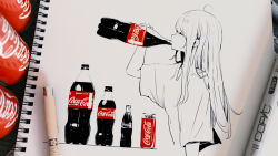 Rule 34 | 1girl, blurry, blush, bottle, can, closed eyes, coca-cola, depth of field, drinking, from side, greyscale, hanecha1220, highres, long hair, marker, marker (medium), monochrome, original, photo (medium), shirt, short sleeves, solo, traditional media, upper body, white shirt, wide sleeves