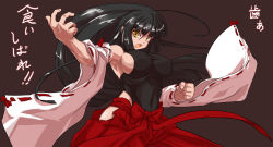 Rule 34 | 1girl, bare hips, black hair, breasts, detached sleeves, female focus, fighting stance, highres, impossible clothes, impossible shirt, japanese clothes, m.u.g.e.n, miko, nontraditional miko, original, rekise, sendai hakurei no miko, shirt, sideboob, solo, touhou, translated, yellow eyes