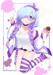Rule 34 | 1girl, :q, black choker, black nails, black shorts, blue hair, braid, breasts, choker, chromatic aberration, cleavage, closed mouth, commentary request, crepe, food, gradient hair, hair over one eye, hair ribbon, hairband, highres, holding, holding food, holding spoon, indie virtual youtuber, kitasaya ai, kitasaya ai (vtuber), kneehighs, kneeling, knees together feet apart, long hair, long sleeves, looking at viewer, low twintails, medium breasts, multicolored hair, nail polish, no shoes, puffy long sleeves, puffy sleeves, purple-framed eyewear, purple eyes, purple hair, purple hairband, purple ribbon, ribbon, shirt, short shorts, shorts, single kneehigh, single sock, single thighhigh, sleeves past wrists, smile, socks, solo, spoon, striped clothes, striped socks, striped thighhighs, thighhighs, thighs, toeless legwear, tongue, tongue out, twin braids, twintails, very long hair, virtual youtuber, white shirt
