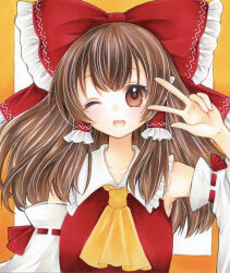 Rule 34 | 1girl, ascot, bow, brown eyes, brown hair, commentary request, detached sleeves, frilled bow, frilled hair tubes, frills, hair bow, hair tubes, hakurei reimu, highres, light blush, long hair, looking at viewer, marker (medium), one eye closed, open mouth, red bow, ribbon-trimmed sleeves, ribbon trim, smile, solo, touhou, traditional media, w, yellow ascot, yuuki hana (jtnp5334)