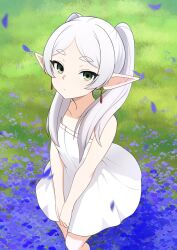 Rule 34 | 1girl, bare arms, closed mouth, dress, dress tug, earrings, feet out of frame, frieren, from above, grass, green eyes, grey hair, highres, jewelry, long hair, looking at viewer, mikoscrub, pointy ears, solo, sousou no frieren, standing, thick eyebrows, twintails, white dress