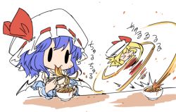 Rule 34 | &gt; &lt;, 2girls, :&gt;, alternate color, bat wings, bib, blonde hair, bowl, capelet, chibi, chopsticks, eating, closed eyes, fifiruu, flandre scarlet, food, hat, hat ribbon, long sleeves, messy, mob cap, multiple girls, pasta, remilia scarlet, ribbon, short hair, siblings, simple background, sisters, solid oval eyes, spaghetti, spinning, table, touhou, white background, wings, you&#039;re doing it wrong