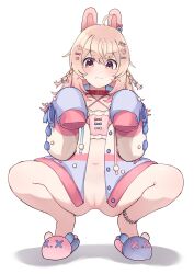 Rule 34 | 1girl, ahoge, animal ears, animal slippers, bottomless, bow, braid, cleft of venus, closed mouth, crossed bangs, ear bow, frown, hair bow, hair ornament, heart, heart hair ornament, highres, jacket, kenken (keuken), long hair, looking at viewer, multicolored clothes, multicolored jacket, navel, paw pose, phase connect, pink eyes, pink hair, pipkin pippa, pipkin pippa (1st costume), pussy, rabbit ears, rabbit girl, rabbit hair ornament, shadow, slippers, solo, squatting, twintails, uncensored, virtual youtuber, white background