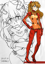 Rule 34 | 1girl, 2024, artist name, ass, blue eyes, blush, bodysuit, breasts, brown hair, dated, embarrassed, evangelion: 2.0 you can (not) advance, full body, hand on own hip, highres, long hair, multiple views, neon genesis evangelion, open mouth, plugsuit, rebuild of evangelion, red bodysuit, see-through, see-through body, shiny clothes, skin tight, solo, souryuu asuka langley, sweat, test plugsuit, tsundere, wide hips, yippeekiy