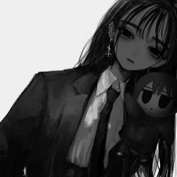 Rule 34 | 1girl, bags under eyes, collared shirt, ear piercing, earrings, fumo (doll), greyscale, head tilt, highres, jacket, jewelry, long hair, looking at viewer, mole, mole under eye, monochrome, multiple piercings, narue, necktie, original, orthodox cross, parted lips, piercing, shirt, simple background, solo, white background, wing collar
