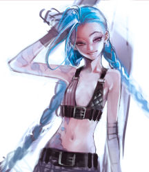 Rule 34 | 1girl, arm up, backlighting, bare shoulders, bikini, blue hair, braid, breasts, buckle, bullet, crop top, gloves, hairline, hand on own head, head tilt, jewelry, jinx (league of legends), league of legends, lipstick, long hair, makeup, midriff, navel, orange eyes, sketch, small breasts, smile, solo, swimsuit, tattoo, twin braids, upper body, very long hair, weapon, white background, yooani