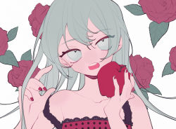 Rule 34 | 1girl, alternate hairstyle, apple, aqua eyes, aqua hair, bare shoulders, camisole, collarbone, flower, food, fruit, hair down, half-closed eyes, hatsune miku, highres, holding, holding food, holding fruit, lace-trimmed camisole, lace trim, long hair, looking at viewer, messy hair, nail polish, open mouth, pink camisole, polka dot camisole, red flower, red nails, red rose, romeo to cinderella (vocaloid), rose, solo, vocaloid, yexie pottle