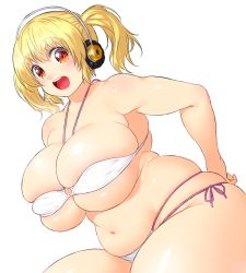 Rule 34 | 1girl, :d, bikini, blonde hair, blush, breasts, cleavage, curvy, fat, headphones, huge breasts, looking at viewer, navel, nitroplus, onsoku inu, open mouth, orange eyes, plump, round teeth, short hair, skindentation, smile, solo, super pochaco, swimsuit, teeth, thick arms, thighs, twintails, white bikini
