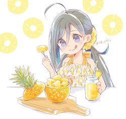 Rule 34 | 1girl, ahoge, alternate costume, blue eyes, blue hair, blush, colis, dress, drinking straw, food, fork, fruit, grey hair, holding, holding fork, kantai collection, kiyoshimo (kancolle), long hair, low twintails, pineapple, sleeveless, sleeveless dress, smile, solo, tongue, tongue out, twintails
