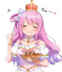 Rule 34 | 1girl, absurdres, bare shoulders, blush, bracelet, closed eyes, crescent print, crown, eating, faubynet, food, hair ornament, heart, highres, himemori luna, himemori luna (1st costume), hololive, jewelry, long hair, md5 mismatch, resolution mismatch, source smaller, takoyaki, virtual youtuber, white background
