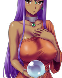 Rule 34 | 1girl, blush, bracelet, breasts, brown eyes, choker, chunsoft, collarbone, dark-skinned female, dark skin, dragon quest, dragon quest iv, dress, earrings, enix, hand on own chest, huge breasts, impossible clothes, impossible dress, jewelry, large breasts, long hair, lowres, minea (dq4), orb, purple hair, shirt, simple background, skin tight, solo, square enix, st.germain-sal, taut clothes, taut shirt, very long hair