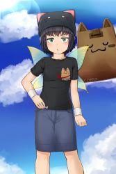 Rule 34 | 1girl, animal hat, black hair, black shirt, blue skirt, blue sky, blush, breasts, cat hat, closed mouth, cloud, commentary request, day, denim, denim skirt, fairy wings, feet out of frame, green eyes, hana (pangya), hat, kitsunerider, looking at viewer, medium breasts, pangya, papel, revision, shirt, short hair, skirt, sky, solo, t-shirt, uwu, wings, wristband