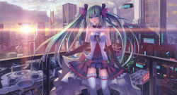 Rule 34 | 1girl, ??? (sdg19881022), black gloves, blue eyes, blue hair, blush, breasts, cleavage, elbow gloves, gloves, hatsune miku, highres, long hair, looking at viewer, medium breasts, parted lips, scenery, solo, spacecraft, thighhighs, twintails, vocaloid, white thighhighs