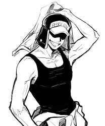 Rule 34 | 1boy, arm up, commentary request, greyscale, hat, hat over eyes, highres, holding, korean commentary, looking at viewer, male focus, monochrome, mxhxkxcx, one piece, penguin (one piece), simple background, smile, solo, tank top, twitter username, upper body