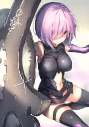 Rule 34 | 1girl, armor, armored dress, bare shoulders, beige background, black dress, black thighhighs, borushichi, breasts, commentary request, dress, elbow gloves, fate/grand order, fate (series), feet out of frame, gloves, gradient background, groin, hair over one eye, highres, large breasts, mash kyrielight, navel, pink eyes, pink hair, shield, shiny clothes, short dress, short hair, sleeveless, sleeveless dress, solo, sparkle, stomach, thigh strap, thighhighs, thighs, white background