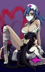 Rule 34 | 2girls, black hair, blue hair, breasts, choker, cleavage, filia (skullgirls), from behind, gloves, hat, heart, highres, large breasts, latex, latex gloves, leg wrap, long hair, looking at viewer, lying, lying on person, mask, miso dengaku (donadonaton), mouth mask, multiple girls, nurse cap, off shoulder, on stomach, pleated skirt, ponytail, purple background, red eyes, samson (skullgirls), sitting, skirt, skullgirls, surgical mask, valentine (skullgirls)