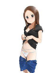 Rule 34 | 10s, 1girl, absurdres, black shirt, blue bow, blush, bow, bow panties, breasts, brown eyes, brown hair, closed mouth, clothes lift, clothes pull, commentary request, denim, denim skirt, forehead, highres, karakai jouzu no takagi-san, legs together, lifting own clothes, long hair, looking at viewer, midriff, navel, open fly, panties, shiny skin, shirt, shirt lift, short sleeves, simple background, skirt, skirt pull, small breasts, solo, standing, takagi-san, tonotyama, underwear, white background, white panties, zipper