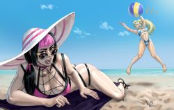 Rule 34 | !, !!, 2girls, adapted costume, alternate hairstyle, ass, ball, barefoot, beach, beachball, bikini, black hair, blonde hair, blue bikini, breasts, cleavage, commentary, day, diepod, english commentary, han juri, hat, headband, heart, hot, jumping, large breasts, lying, medium breasts, multiple girls, muscular, muscular female, nail polish, ocean, on stomach, pale skin, pink hair, pink nails, purple eyes, rainbow mika, sandals, side ponytail, strap gap, street fighter, street fighter v, summer, sun hat, sunglasses, swimsuit, thong, toenail polish, toenails, tongue, tongue out, yellow-framed eyewear