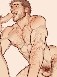 Rule 34 | 2boys, 9 ggy9t, abs, arm hair, bara, beard stubble, black hair, chest hair, completely nude, erection, facial hair, fellatio, highres, kneeling, large pectorals, leg hair, licking, licking penis, looking at another, male focus, male pubic hair, multiple boys, muscular, muscular male, mustache stubble, nipples, nude, oral, original, pectorals, penis, pubic hair, short hair, simple background, solo focus, stubble, testicles, tongue, tongue out, yaoi