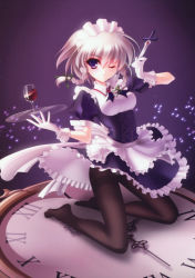 Rule 34 | 1girl, alcohol, braid, cup, drinking glass, female focus, gloves, highres, izayoi sakuya, kneeling, knife, maid, maid headdress, non-web source, one eye closed, oversized object, pantyhose, s-yin, short hair, silver hair, solo, throwing knife, touhou, twin braids, weapon, white gloves, wine, wine glass, wink