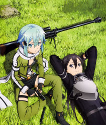 Rule 34 | 10s, 1boy, 1girl, absurdres, armor, belt, black eyes, black gloves, black hair, black shorts, blue eyes, blue hair, breastplate, breasts, cleavage, fingerless gloves, gloves, green jacket, green thighhighs, gun, hair ornament, hairclip, highres, holding, holding gun, holding weapon, jacket, kirito, kirito (sao-ggo), long hair, looking at viewer, lying, on back, open clothes, open jacket, outdoors, rifle, short hair, short shorts, shorts, sinon, sitting, small breasts, sword art online, thighhighs, trap, trigger discipline, weapon