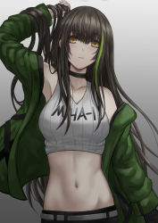 Rule 34 | 1girl, absurdres, arm up, armpits, bad id, bad pixiv id, bare shoulders, belt, black hair, black pants, blush, breasts, brown eyes, choker, commentary, crop top, girls&#039; frontline, gradient background, green hair, green jacket, hair between eyes, hand in own hair, highres, jacket, long hair, looking at viewer, m4a1 (girls&#039; frontline), midriff, multicolored hair, navel, off shoulder, pants, parted lips, selcky, sidelocks, simple background, stomach, streaked hair, toned