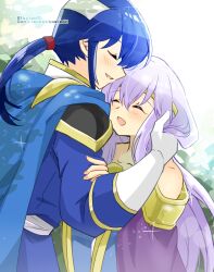 Rule 34 | 1boy, 1girl, bare shoulders, blue cape, blue hair, brother and sister, cape, circlet, closed eyes, dress, fire emblem, fire emblem: genealogy of the holy war, headband, holding another&#039;s arm, holding another&#039;s hair, implied incest, julia (fire emblem), nintendo, ponytail, purple cape, purple hair, seliph (fire emblem), siblings, simple background, white headband, yukia (firstaid0)
