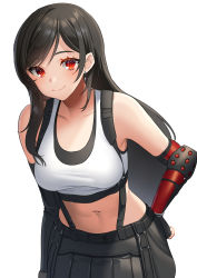 Rule 34 | 1girl, akagi kurage, armpits, bare shoulders, belt, black belt, black gloves, black hair, black skirt, black sports bra, blush, breasts, collarbone, commentary request, cowboy shot, earrings, elbow gloves, elbow pads, eyebrows hidden by hair, final fantasy, final fantasy vii, final fantasy vii remake, fingerless gloves, gauntlets, gloves, hair between eyes, hand on own hip, highres, jewelry, large breasts, leaning forward, long hair, looking at viewer, midriff, navel, parted bangs, red eyes, shirt, sidelocks, simple background, skirt, smile, solo, sports bra, standing, suspender skirt, suspenders, tank top, taut clothes, taut shirt, tifa lockhart, white background, white tank top