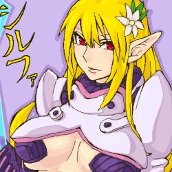Rule 34 | 1girl, blonde hair, breasts, colorized, gen&#039;en (sioherashi), hair ornament, large breasts, long hair, looking at viewer, lowres, pointy ears, red eyes, solo, tagme, underboob, upper body