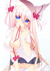 Rule 34 | 1girl, animal ear fluff, animal ears, between breasts, black skirt, blonde hair, blue eyes, blush, bow, breasts, cat ears, cleavage, closed mouth, collared shirt, commentary request, dress shirt, gradient hair, hair between eyes, hand up, heart, highres, ko yu, large breasts, looking at viewer, mouth hold, multicolored hair, multicolored nails, nail art, nail polish, no shoes, original, pink hair, pleated skirt, red bow, school uniform, shirt, sitting, skirt, smile, solo, thighhighs, two side up, white shirt, white thighhighs