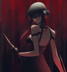 Rule 34 | 1girl, absurdres, black dress, black gloves, black hair, breasts, closed mouth, dagger, dark background, dress, earrings, fingerless gloves, from behind, gloves, gold hairband, hair between eyes, hair bun, hairband, haje, highres, holding, holding dagger, holding knife, holding weapon, jewelry, knife, large breasts, long hair, looking at viewer, looking back, red eyes, sideboob, sidelocks, single hair bun, sleeveless, sleeveless dress, solo, spy x family, weapon, yor briar