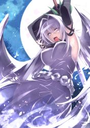 Rule 34 | 1girl, armpits, arms behind head, arms up, bare shoulders, black gloves, breasts, dress, elbow gloves, engi threepiece, full moon, gloves, hair between eyes, highres, hijiki meshi, impossible clothes, impossible dress, jewelry, large breasts, long hair, looking at viewer, moon, night, night sky, open mouth, pendant, petals, purple eyes, shouting, silver hair, sky, sleeveless, sleeveless dress, solo, sword, symbol-shaped pupils, teeth, triangle-shaped pupils, weapon, white dress, wings, yumekui merry