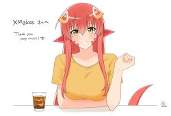 Rule 34 | 1girl, absurdres, blush, breasts, collarbone, commission, commissioner upload, cup, drinking glass, fingernails, grin, hair between eyes, hair ornament, highres, ice, lamia, large breasts, long hair, looking at viewer, miia (monster musume), monster girl, monster musume no iru nichijou, nail polish, pink nails, pointy ears, red hair, scales, shirt, sidelocks, skeb commission, smile, solo, suika aji, teeth, white background, yellow eyes
