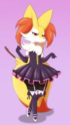 Rule 34 | 1girl, aoinu111, ballet slippers, braixen, corset, creatures (company), dress, elbow gloves, female focus, full body, furry, furry female, game freak, gen 6 pokemon, gloves, gradient background, highres, lace, nintendo, no humans, pokemon, pokemon (creature), pokemon xy, red eyes, solo, stick, thighhighs