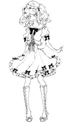 Rule 34 | 1girl, :&gt;, boots, bow, embellished costume, female focus, frills, full body, greyscale, hat, kawashiro nitori, key, lineart, miri, miri (tobira no mukou), monochrome, no nose, ribbon, short sleeves, short twintails, simple background, solo, standing, touhou, twintails, two side up, white background
