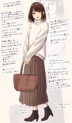 Rule 34 | 1girl, absurdres, arrow (symbol), bag, bob cut, brown eyes, brown hair, brown skirt, commentary request, earrings, full body, handbag, high heels, highres, holding, holding bag, jewelry, kapatarou, long skirt, long sleeves, looking at viewer, open mouth, original, own hands together, pleated skirt, short hair, simple background, skirt, sleeves past wrists, solo, standing, sweater, translation request, turtleneck, turtleneck sweater, white sweater, zoom layer