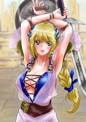 Rule 34 | 1girl, arm guards, armor, armored dress, arms up, belt, blonde hair, blue eyes, blurry, breasts, cleavage, clothing cutout, collarbone, commentary request, cross-laced clothes, cross-laced cutout, depth of field, hair ornament, highres, holding, holding sword, holding weapon, koji (kojikojimdw), large breasts, long hair, looking at viewer, low-tied long hair, outdoors, see-through, shield, shoulder armor, shoulder pads, solo, sophitia alexandra, soul calibur, standing, sword, weapon